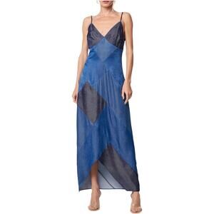 CIEBON Derica Patchwork Slip Dress Blue Satin Maxi Midi V-Neck Slipdress